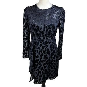 Express NWT S Black Leopard Print Ruffle Long Puff Sleeve Sparkle Mini Dress